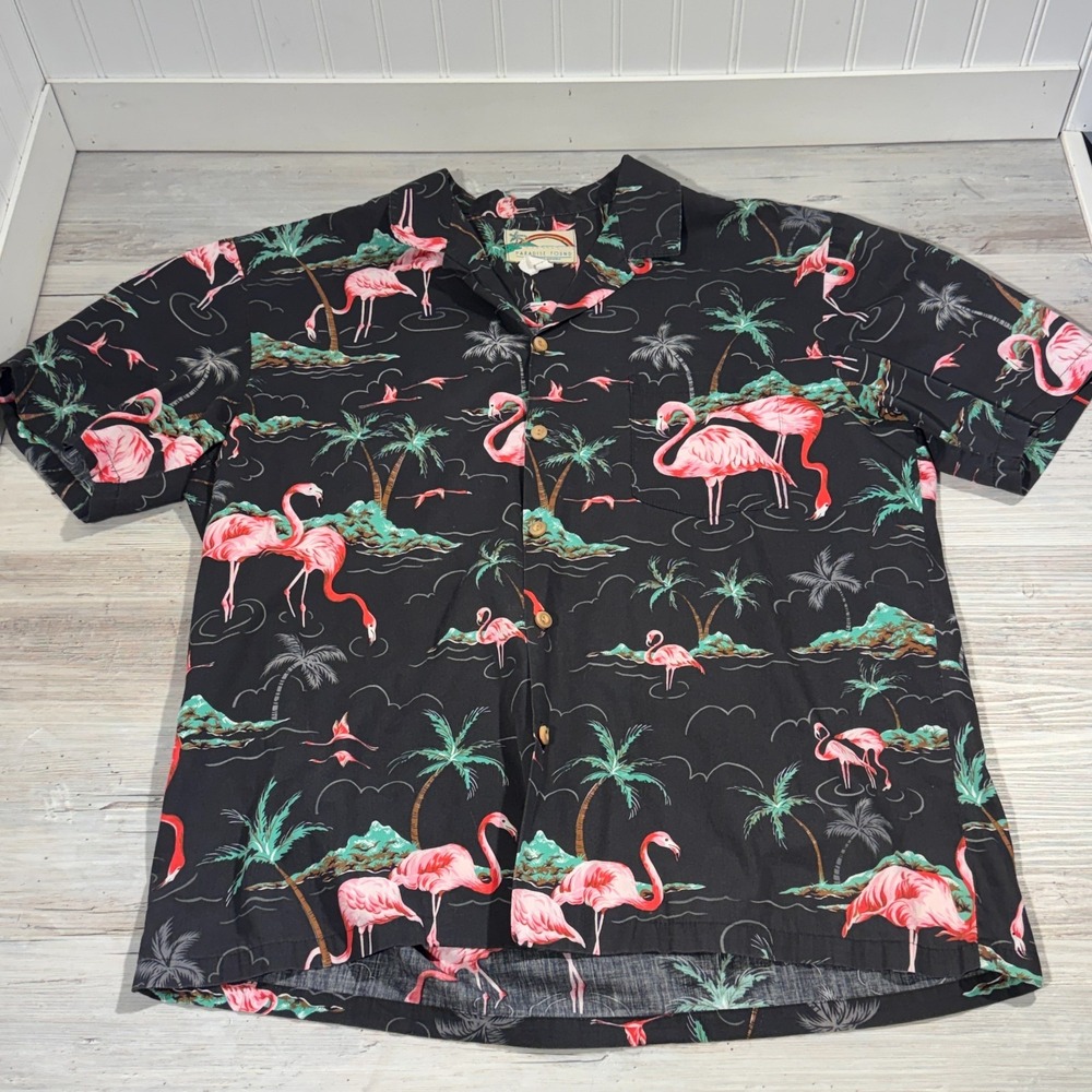 Vtg Paradise Found Shirt Men‎ Large Black Tropical Flamingo Hawaiian Made In USA